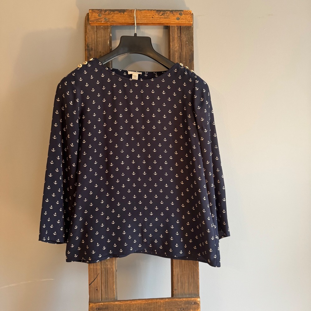 J. Crew Navy Anchor Print Silk Blouse Women's Size 8 Long Sleeve Top Nautical‎